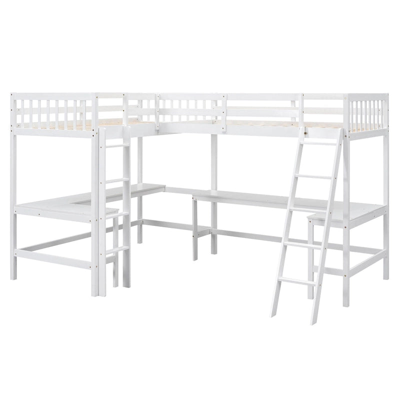 Wood Twin Size L-Shaped Loft Bed w/Ladder, 2 Built-in L-Shaped Desks