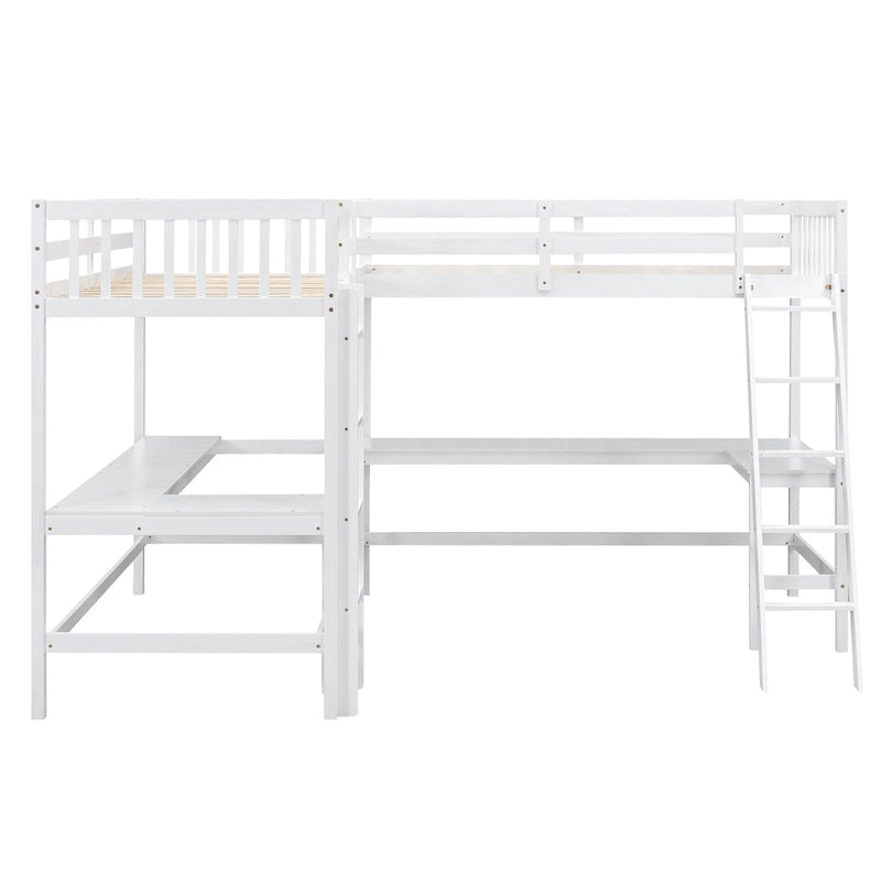 Wood Twin Size L-Shaped Loft Bed w/Ladder, 2 Built-in L-Shaped Desks