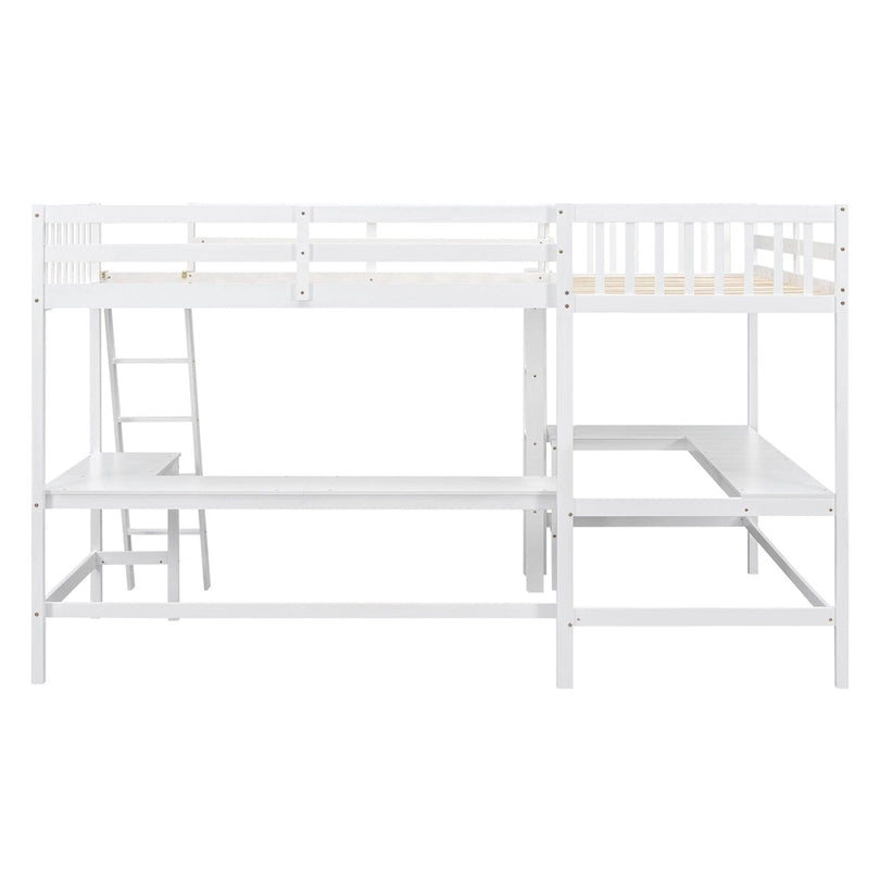 Wood Twin Size L-Shaped Loft Bed w/Ladder, 2 Built-in L-Shaped Desks