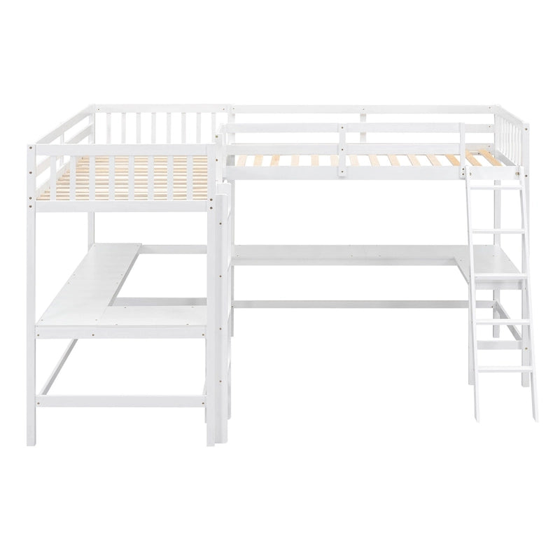 Wood Twin Size L-Shaped Loft Bed w/Ladder, 2 Built-in L-Shaped Desks