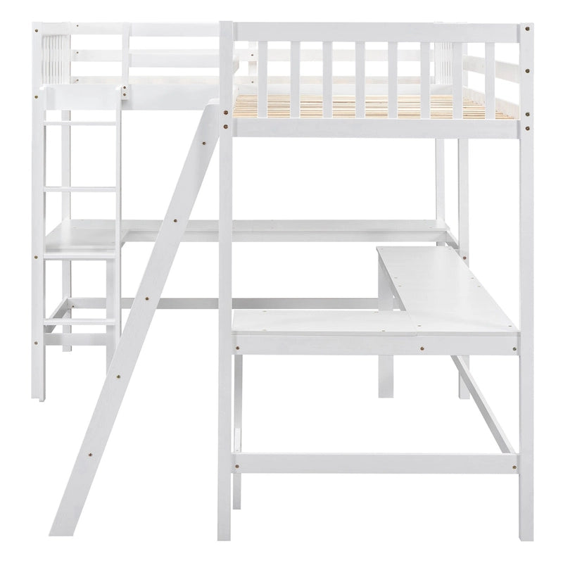 Wood Twin Size L-Shaped Loft Bed w/Ladder, 2 Built-in L-Shaped Desks
