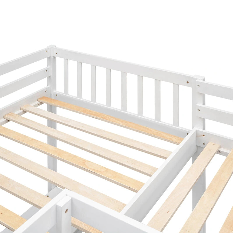 Wood Twin Size L-Shaped Loft Bed w/Ladder, 2 Built-in L-Shaped Desks