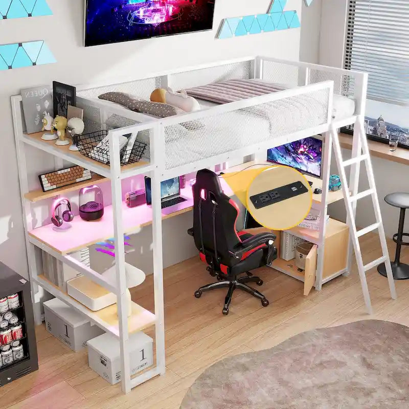 Twin Size Metal Loft Bed w/Built-in Work Station, LED,Multiple Storage