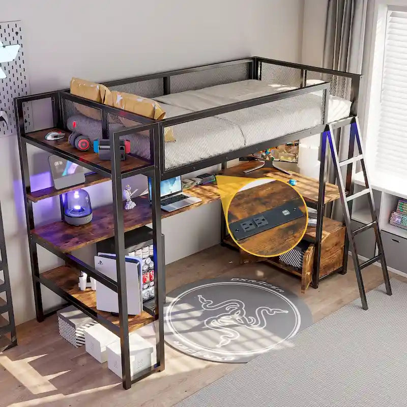 Twin Size Metal Loft Bed w/Built-in Work Station, LED,Multiple Storage