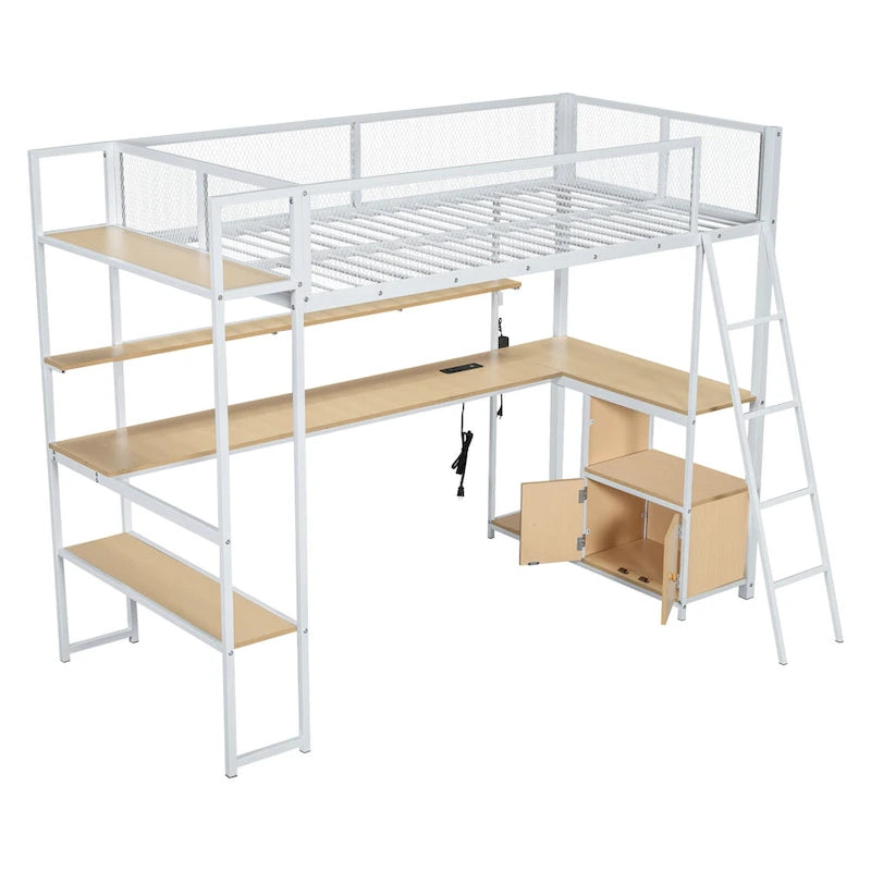 Twin Size Metal Loft Bed w/Built-in Work Station, LED,Multiple Storage