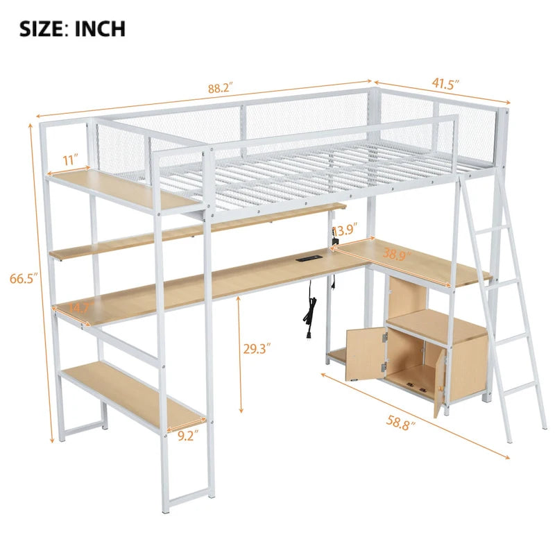 Twin Size Metal Loft Bed w/Built-in Work Station, LED,Multiple Storage