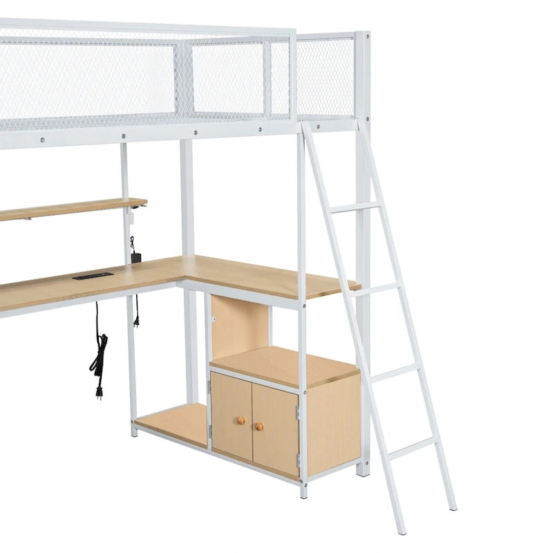 Twin Size Metal Loft Bed w/Built-in Work Station, LED,Multiple Storage