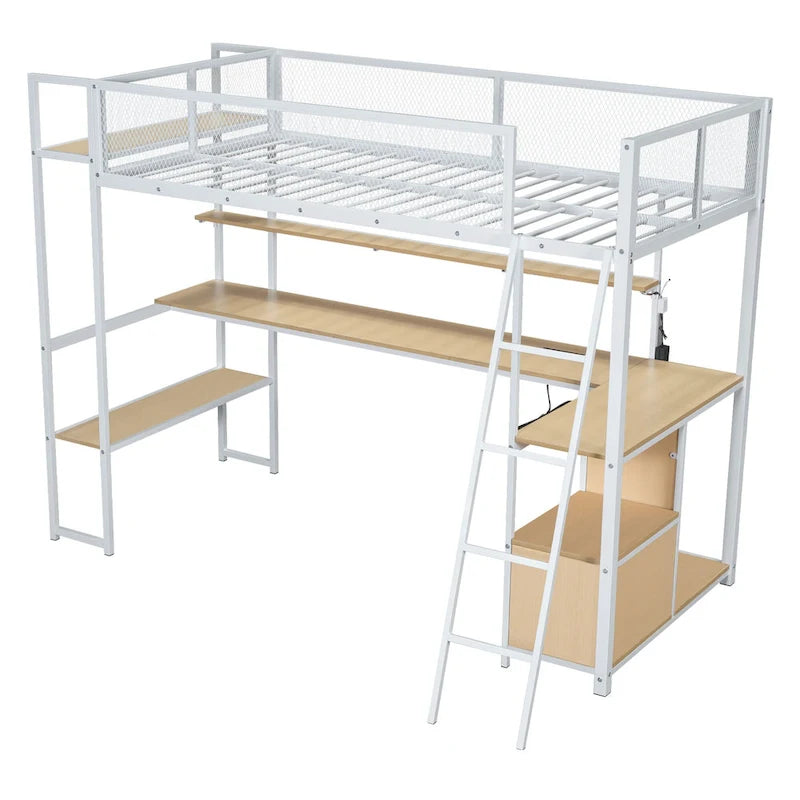 Twin Size Metal Loft Bed w/Built-in Work Station, LED,Multiple Storage