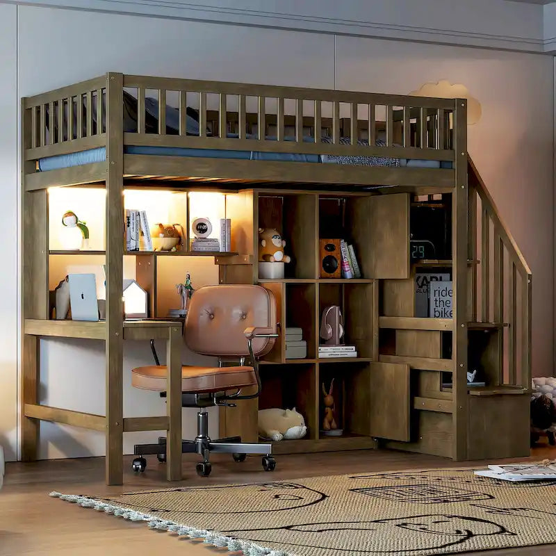 Wood Twin Size Loft Bed with Built-in Desk, LED, Storage Shelves, Cabinets and Staircase, White