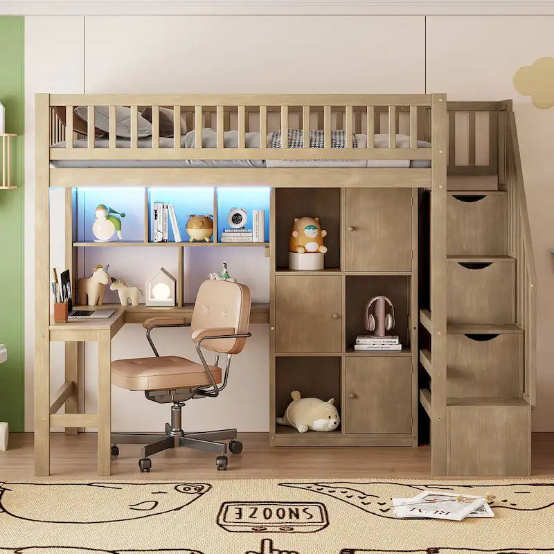 Wood Twin Size Loft Bed with Built-in Desk, LED, Storage Shelves, Cabinets and Staircase, White