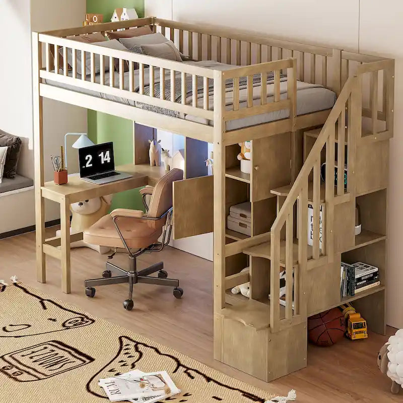 Wood Twin Size Loft Bed with Built-in Desk, LED, Storage Shelves, Cabinets and Staircase, White