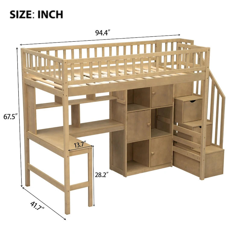 Wood Twin Size Loft Bed with Built-in Desk, LED, Storage Shelves, Cabinets and Staircase, White