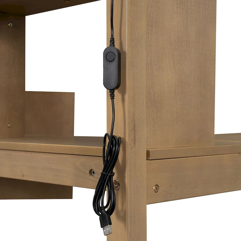 Wood Twin Size Loft Bed with Built-in Desk, LED, Storage Shelves, Cabinets and Staircase, White