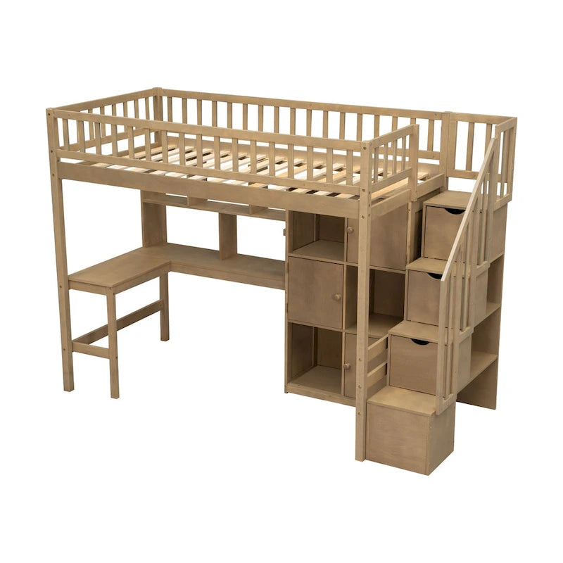 Wood Twin Size Loft Bed with Built-in Desk, LED, Storage Shelves, Cabinets and Staircase, White