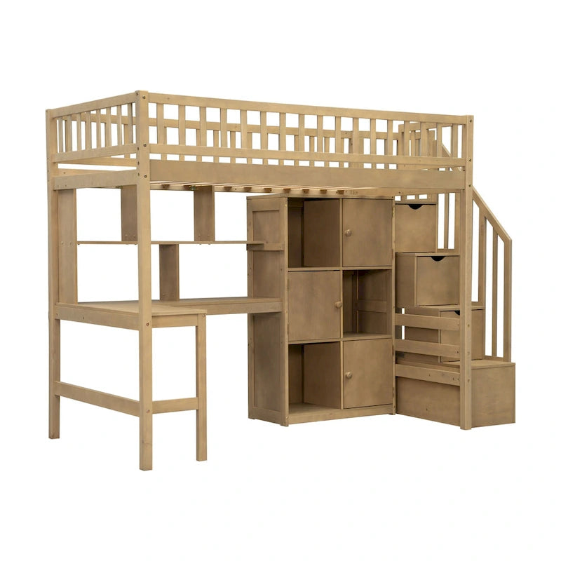 Wood Twin Size Loft Bed with Built-in Desk, LED, Storage Shelves, Cabinets and Staircase, White