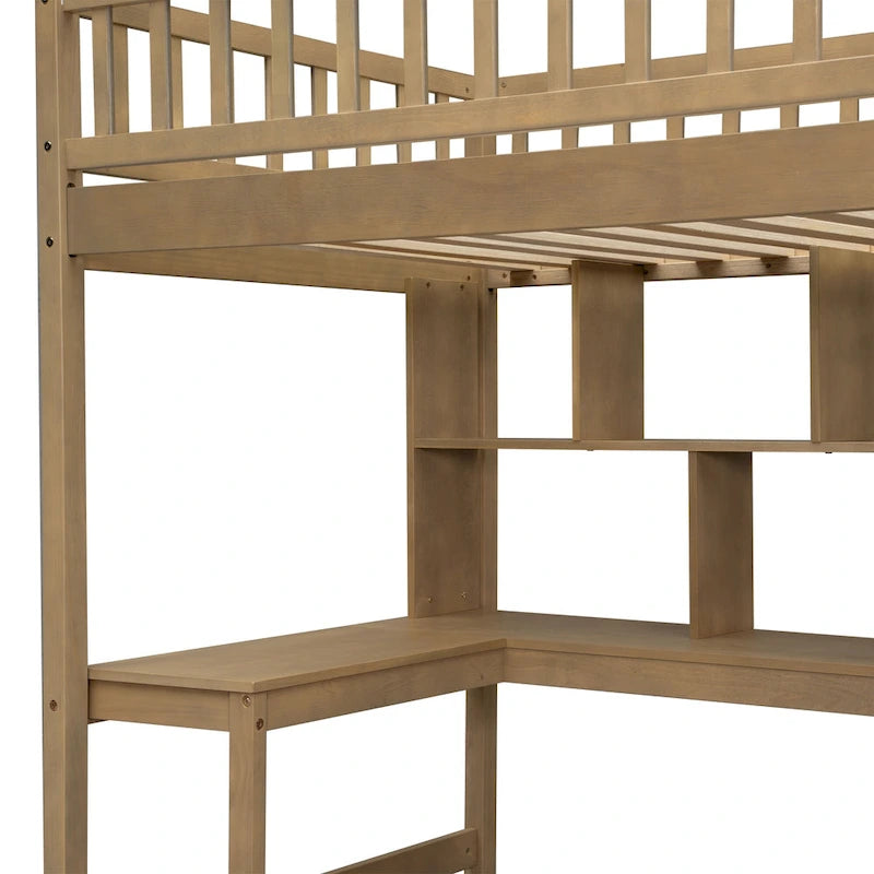Wood Twin Size Loft Bed with Built-in Desk, LED, Storage Shelves, Cabinets and Staircase, White