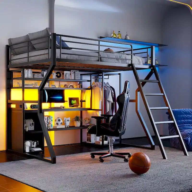 Full Size Metal Gaming Loft Bed with Built-in Work Station, Open Wardrobe, LED and Multiple Storage, Black
