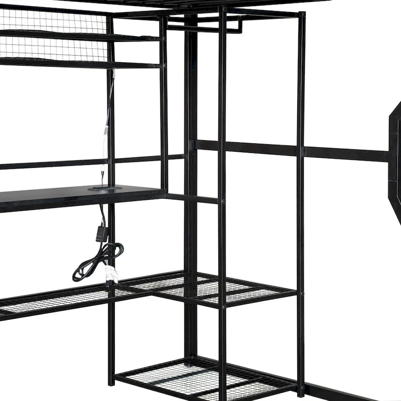 Full Size Metal Gaming Loft Bed with Built-in Work Station, Open Wardrobe, LED and Multiple Storage, Black