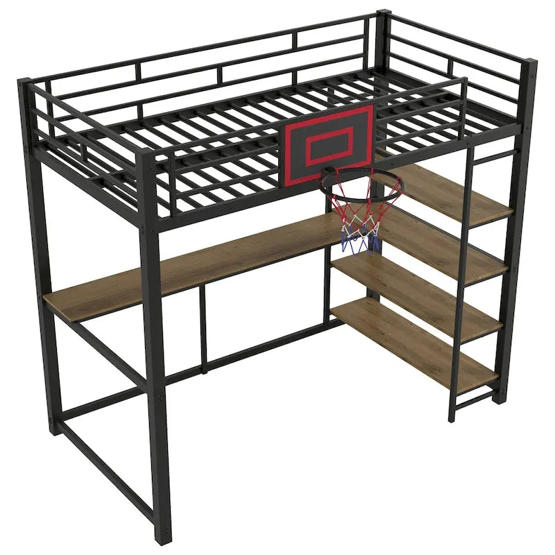 Industrial-Style Loft Bed with Basketball hoop, Twin Size Metal Loft Bed Frame with Built-in Desk and Shelf for Kids Boys Girls