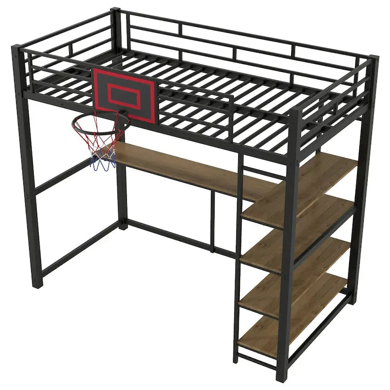 Industrial-Style Loft Bed with Basketball hoop, Twin Size Metal Loft Bed Frame with Built-in Desk and Shelf for Kids Boys Girls