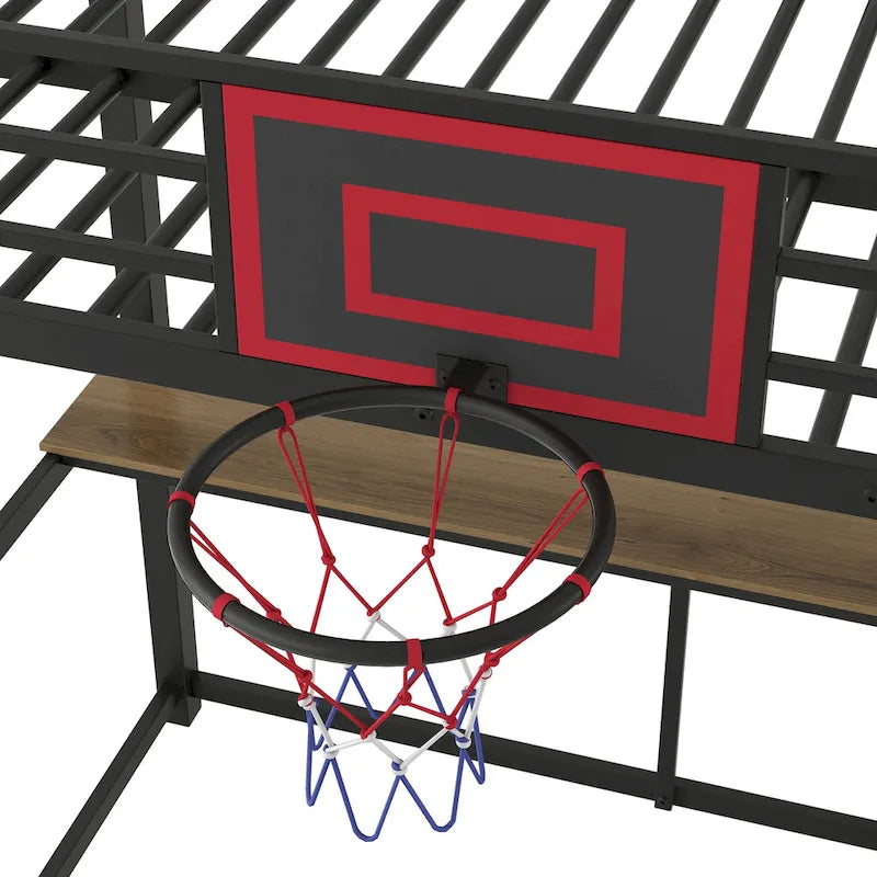 Industrial-Style Loft Bed with Basketball hoop, Twin Size Metal Loft Bed Frame with Built-in Desk and Shelf for Kids Boys Girls