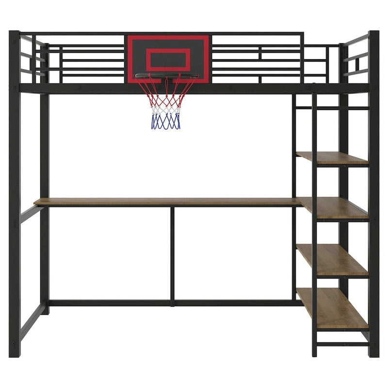 Industrial-Style Loft Bed with Basketball hoop, Twin Size Metal Loft Bed Frame with Built-in Desk and Shelf for Kids Boys Girls