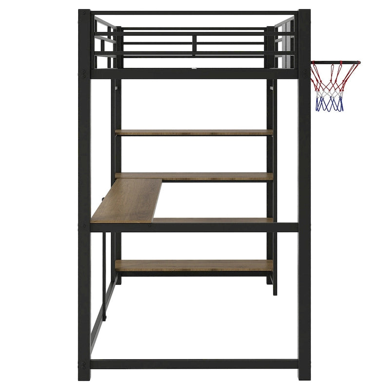 Industrial-Style Loft Bed with Basketball hoop, Twin Size Metal Loft Bed Frame with Built-in Desk and Shelf for Kids Boys Girls