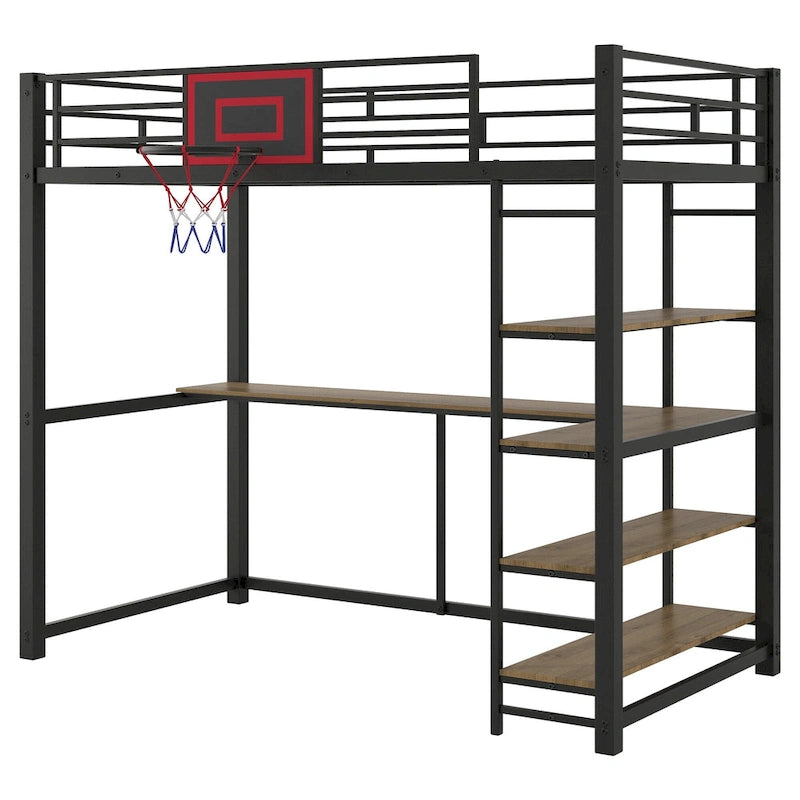 Industrial-Style Loft Bed with Basketball hoop, Twin Size Metal Loft Bed Frame with Built-in Desk and Shelf for Kids Boys Girls