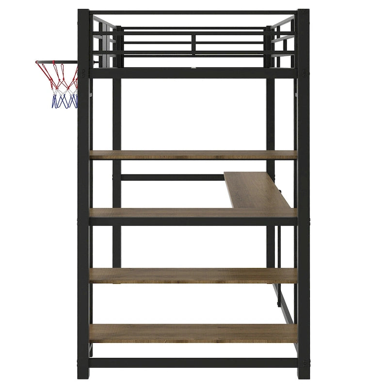 Industrial-Style Loft Bed with Basketball hoop, Twin Size Metal Loft Bed Frame with Built-in Desk and Shelf for Kids Boys Girls