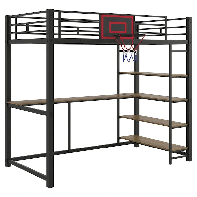 Industrial-Style Loft Bed with Basketball hoop, Twin Size Metal Loft Bed Frame with Built-in Desk and Shelf for Kids Boys Girls