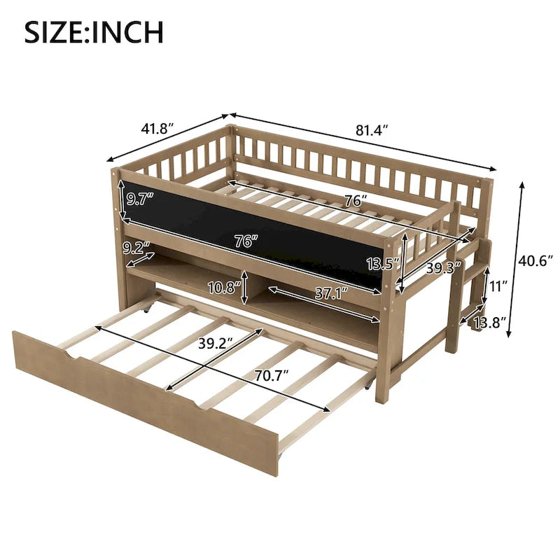 Twin Size Wood Low Loft Bed with Storage Shelves, Blackboard and Trundle, White