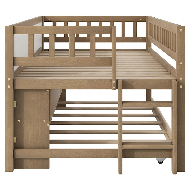 Twin Size Wood Low Loft Bed with Storage Shelves, Blackboard and Trundle, White