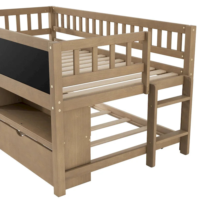 Twin Size Wood Low Loft Bed with Storage Shelves, Blackboard and Trundle, White