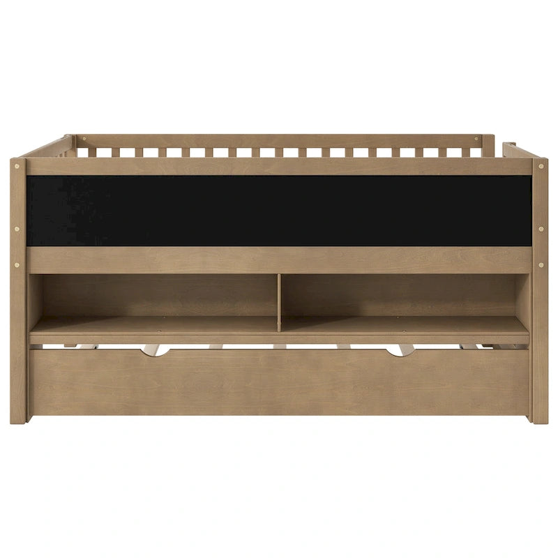 Twin Size Wood Low Loft Bed with Storage Shelves, Blackboard and Trundle, White