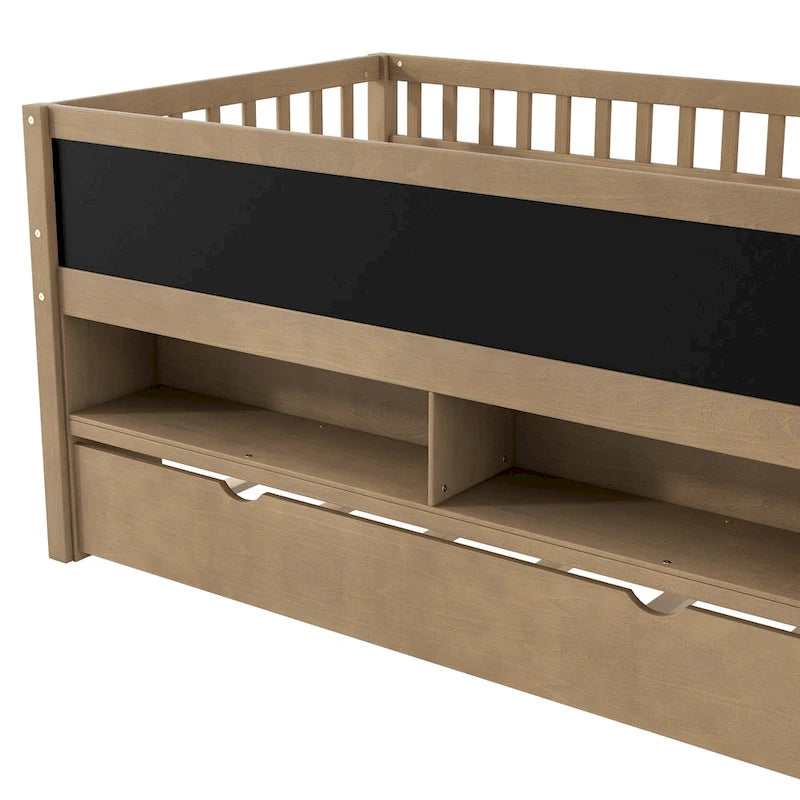 Twin Size Wood Low Loft Bed with Storage Shelves, Blackboard and Trundle, White