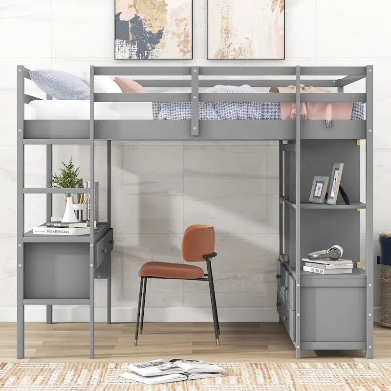 Full Size Loft Bed with Built-in Desk with 2 Drawers, and Storage Shelves and Drawers, White