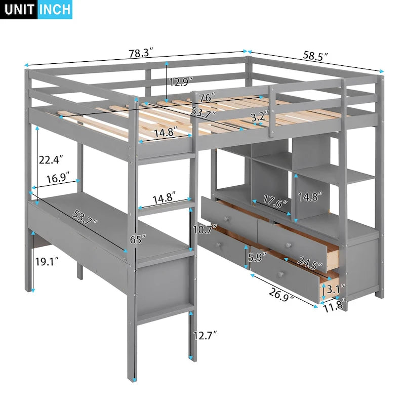 Full Size Loft Bed with Built-in Desk with 2 Drawers, and Storage Shelves and Drawers, White