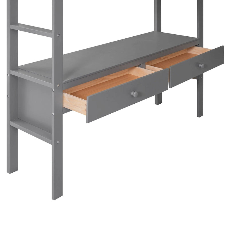Full Size Loft Bed with Built-in Desk with 2 Drawers, and Storage Shelves and Drawers, White
