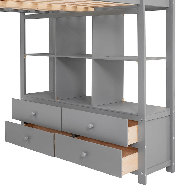 Full Size Loft Bed with Built-in Desk with 2 Drawers, and Storage Shelves and Drawers, White