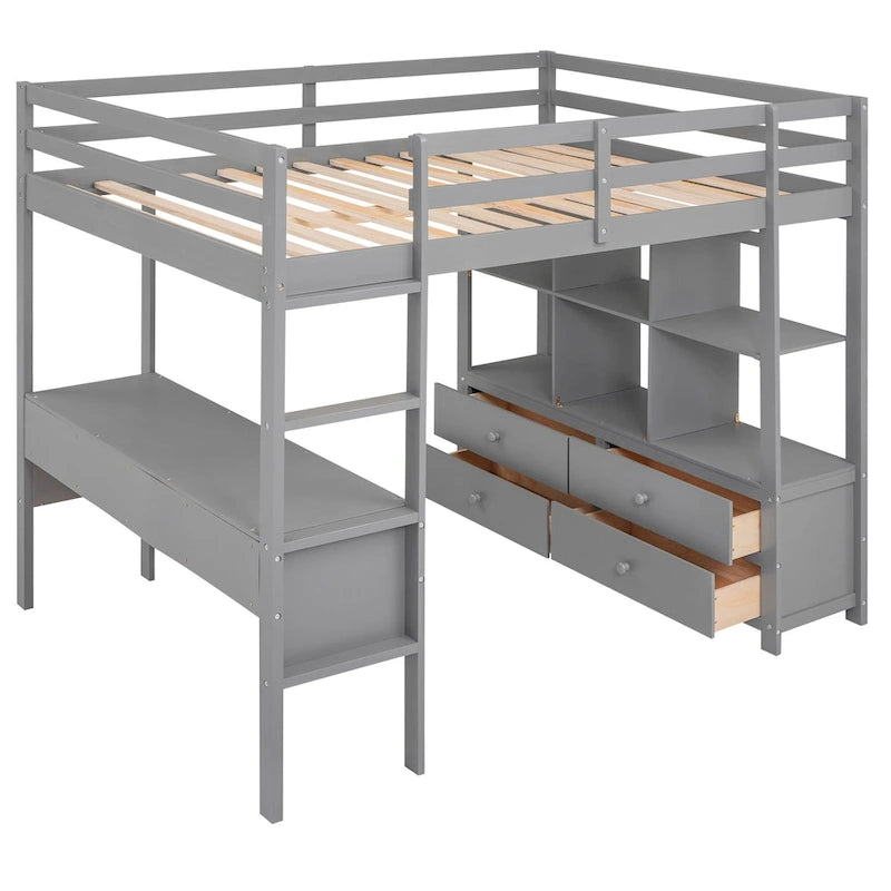 Full Size Loft Bed with Built-in Desk with 2 Drawers, and Storage Shelves and Drawers, White