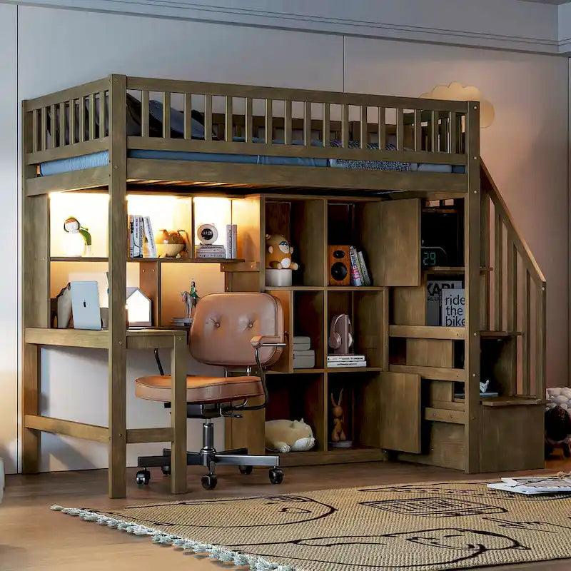 Twin Size Loft Bed with Built-in Desk, LED Lights, Storage Shelves, Cabinets & Staircase