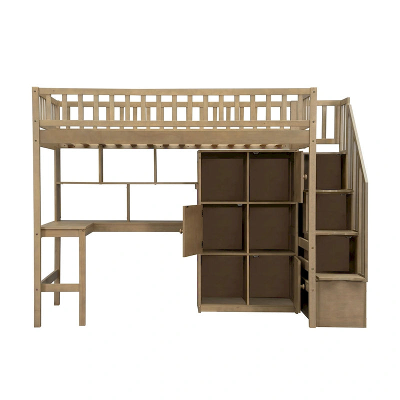 Twin Size Loft Bed with Built-in Desk, LED Lights, Storage Shelves, Cabinets & Staircase
