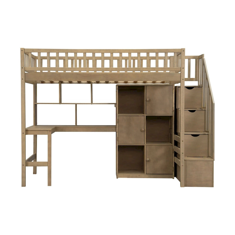 Twin Size Loft Bed with Built-in Desk, LED Lights, Storage Shelves, Cabinets & Staircase