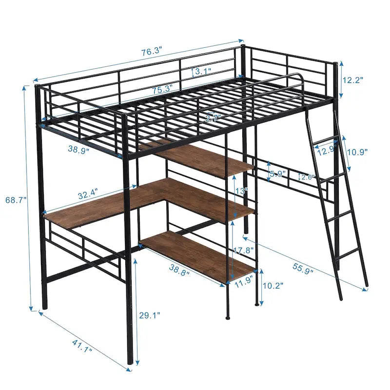 Twin Size Metal Loft Bed and Built-in Desk and Shelves,White