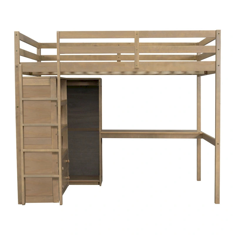 Full Size Wood Loft Bed with Built-in Wardrobe, Desk, Storage Shelves and Drawers, White