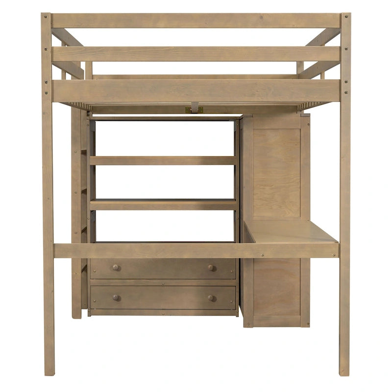 Full Size Wood Loft Bed with Built-in Wardrobe, Desk, Storage Shelves and Drawers, White