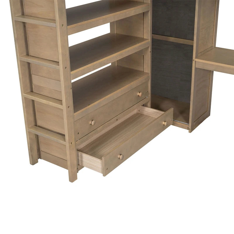 Full Size Wood Loft Bed with Built-in Wardrobe, Desk, Storage Shelves and Drawers, White