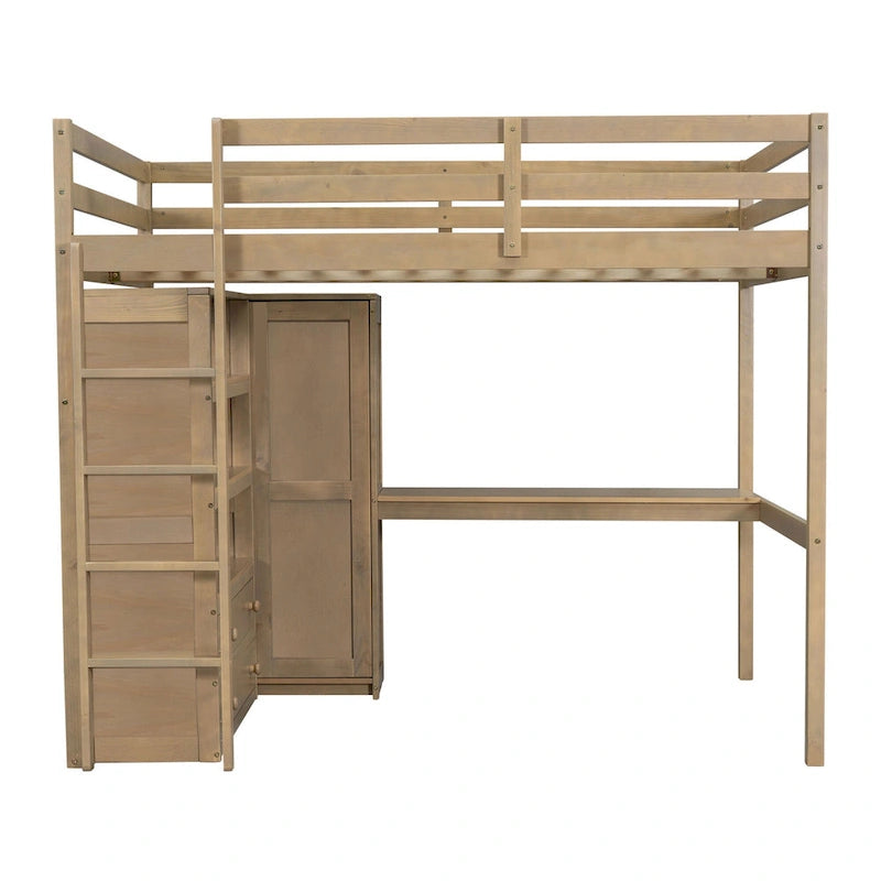 Full Size Wood Loft Bed with Built-in Wardrobe, Desk, Storage Shelves and Drawers, White