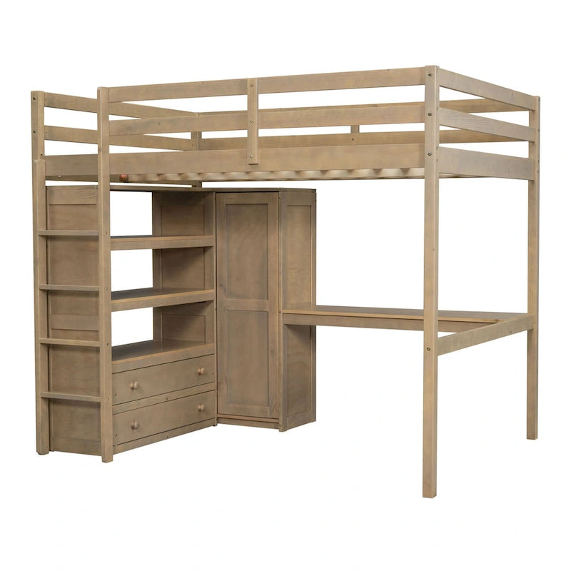 Full Size Wood Loft Bed with Built-in Wardrobe, Desk, Storage Shelves and Drawers, White
