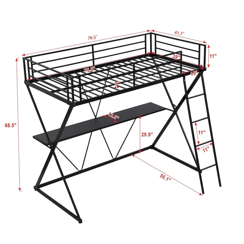 Twin Size Loft Bed with Desk, Ladder and Full-Length Guardrails, X-Shaped Metal Frame, No Box Spring Needed for Kids